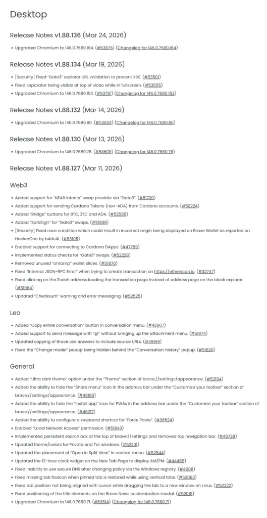 Brave Browser changelog 2026