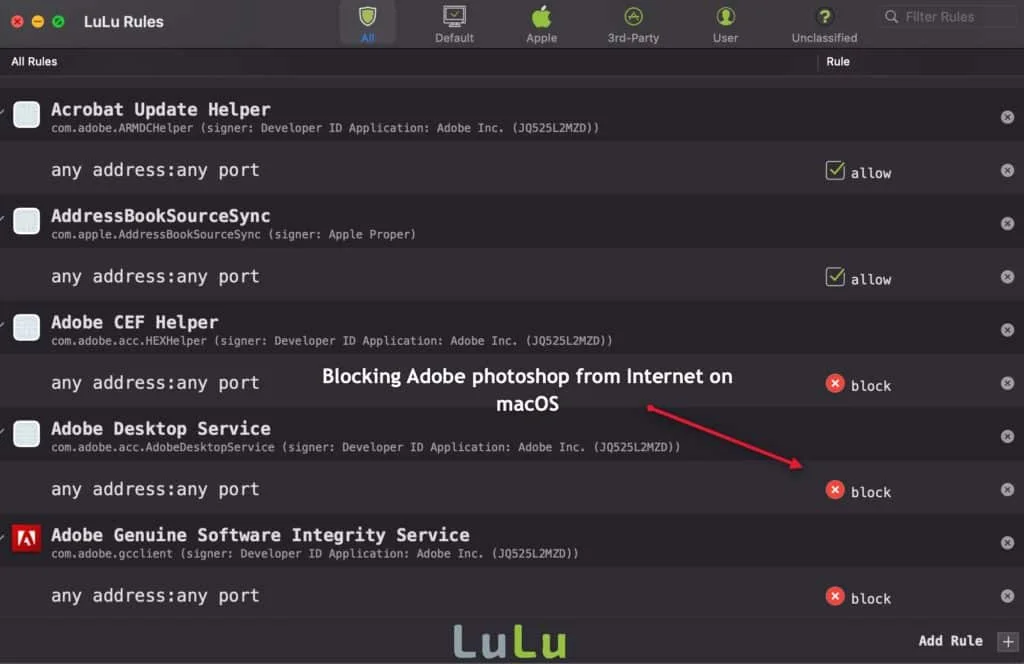 how to block Adobe apps from Internet access on Mac OS
