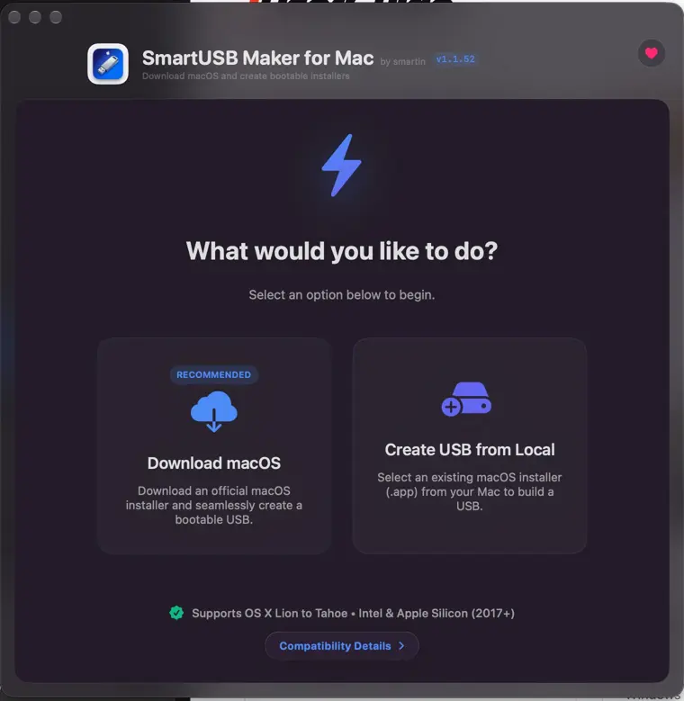 Smart USB Maker with Download macOS and Create USB from Local options